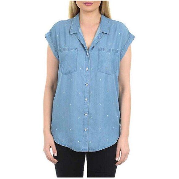 Jach's Girlfriend Women's Chambray Palm Tree Print Cap Sleeve Button-Up Size 2XL - Picture 2 of 10